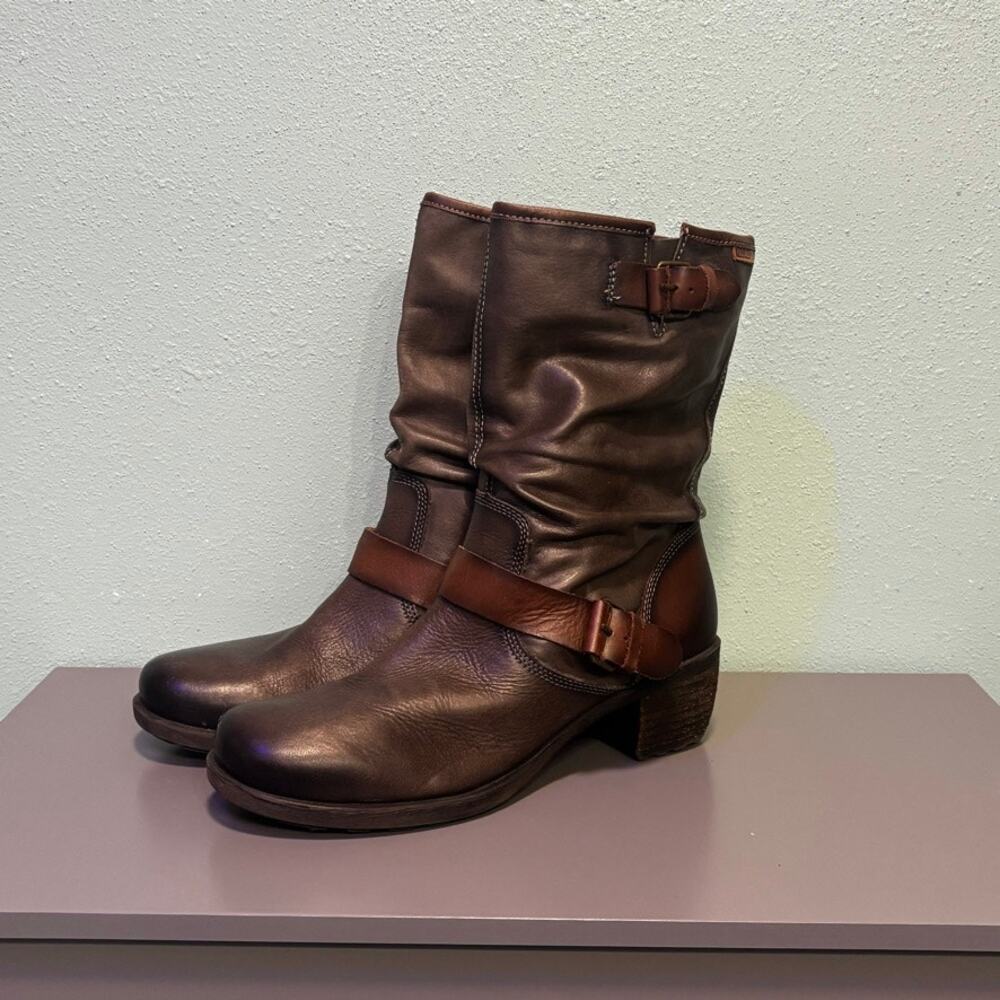 Pikolinos Brown Leather Mid Calf Slouch Le Mans Boots Double Buckle EU 40 US 9 - Picture 3 of 8